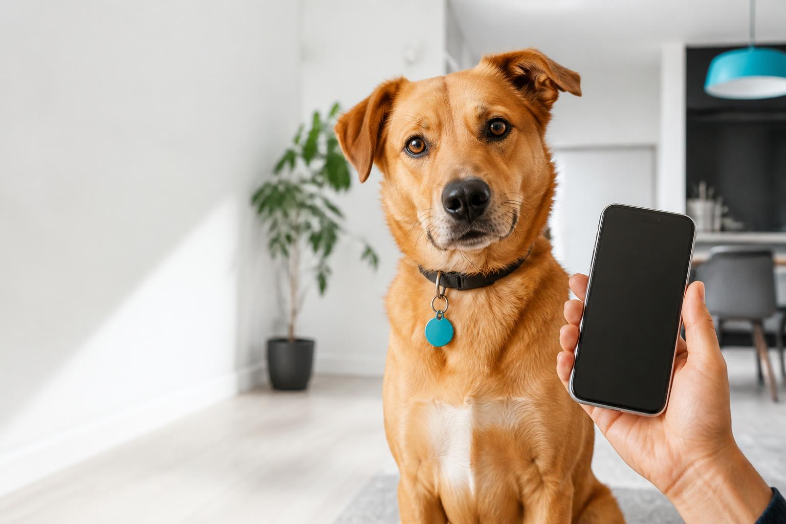 Cachorro usando uma AumiTag ao lado de um celular