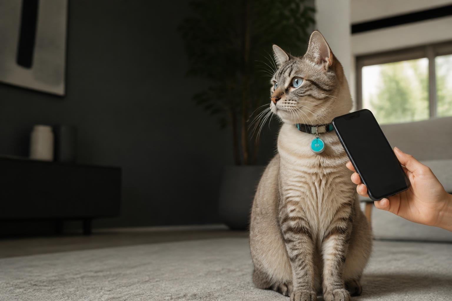 Gato usando uma AumiTag ao lado de um celular